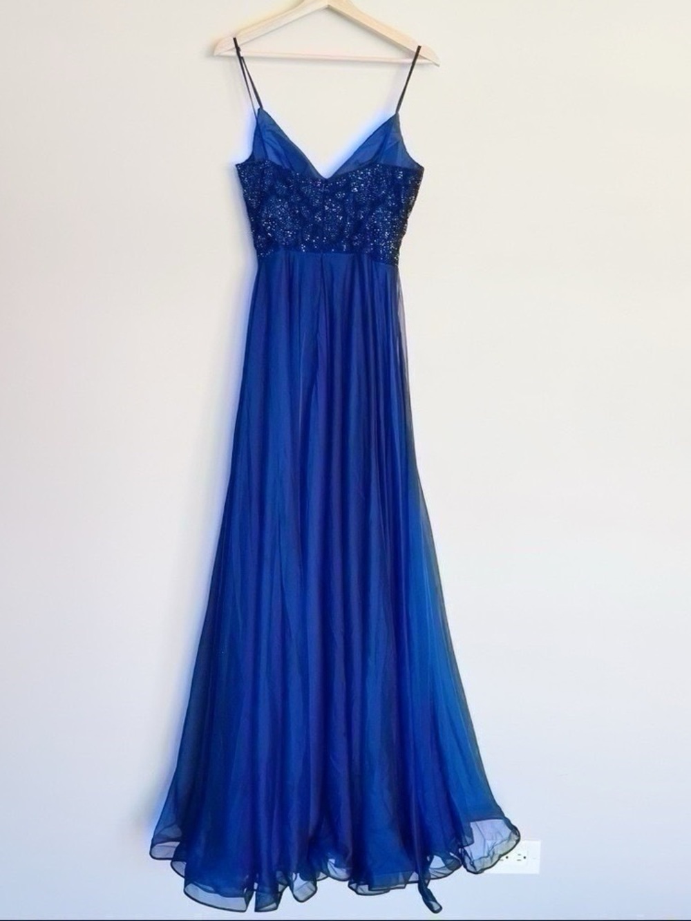 NEW La Femme Women’s Sparkle Lace Chiffon Gown Marine Blue 28664 - Picture 9 of 14